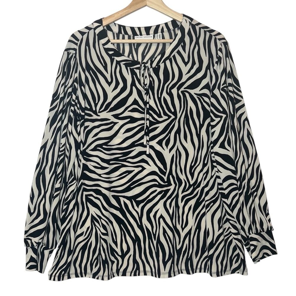 Susan Graver Women’s Top Plus Size 2x Blouse Stretch Black/White Long Sleeves